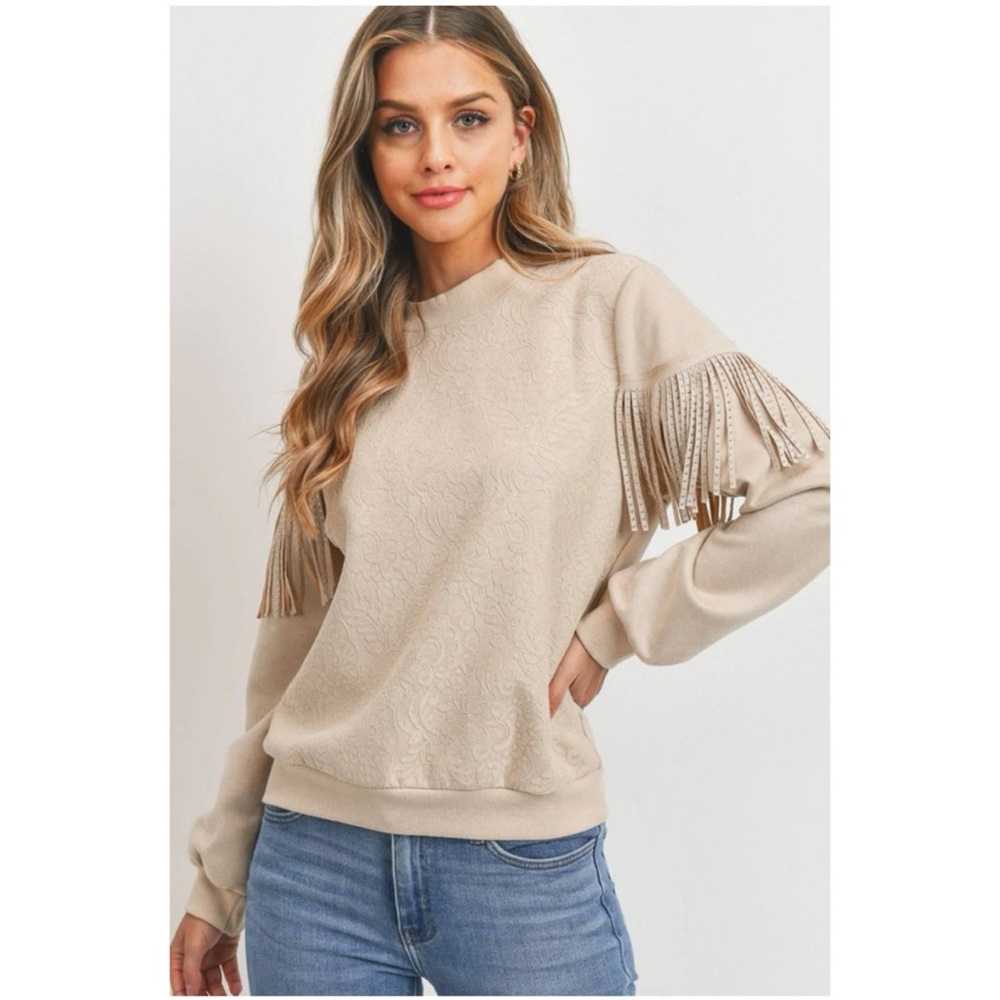 Alice Blue OPAL Ecru Faux Microsuede Lace and Fringe Sweatshirt XL